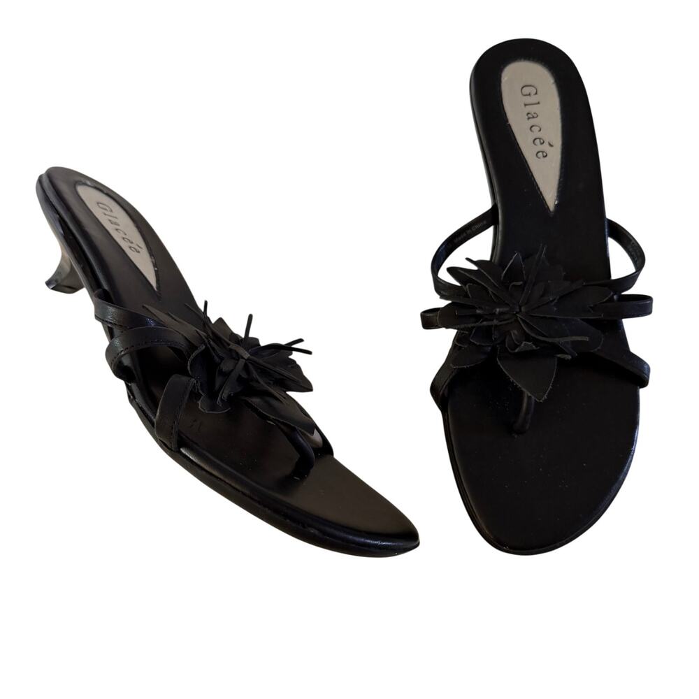 Y2K 2000s Black Genuine Leather Floral Kitten Heel Sandal 7.5 Fairy Whimsy